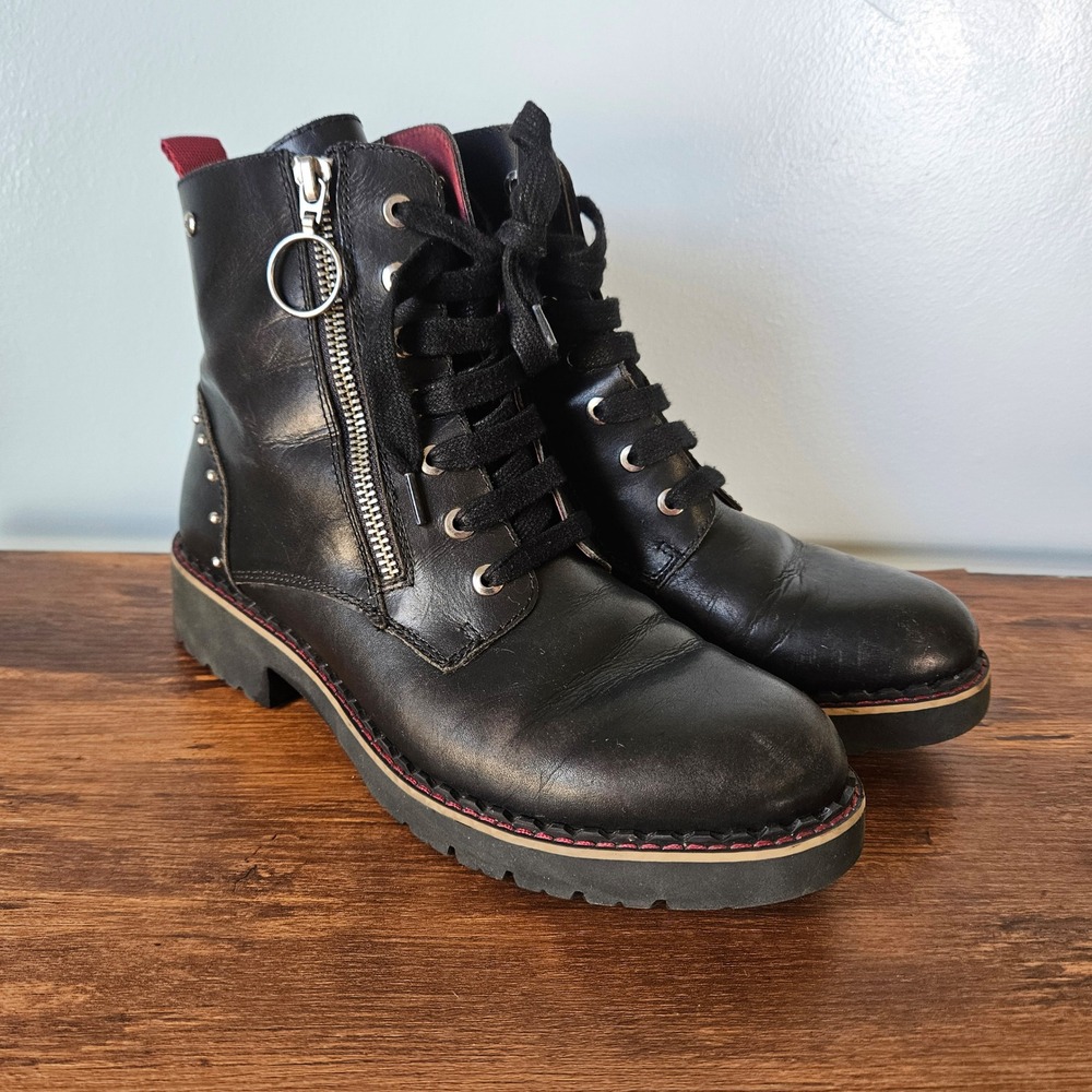 Pikolinos Black Leather Studded Combat Boots Side Zip Lug Sole Size 38 *FLAW* - Picture 2 of 9